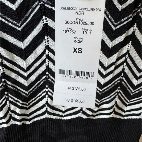 Bebe Cowl Neck  with Lurex Black and White Zig Zag Long Sleeve Dress - Picture 5 of 11